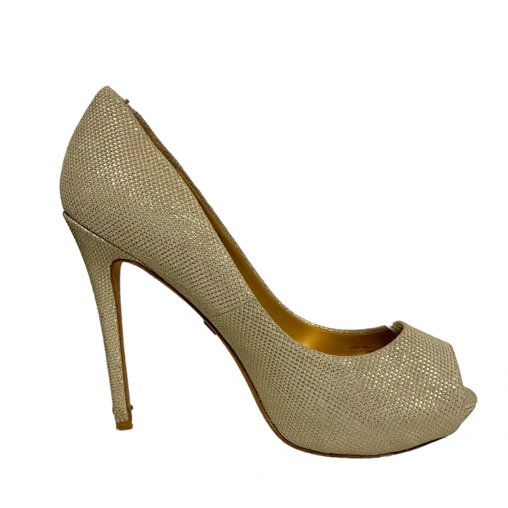 Badgley Mischka Leather Glitter Accents Winter Peep Toe Platform Pumps Champagne